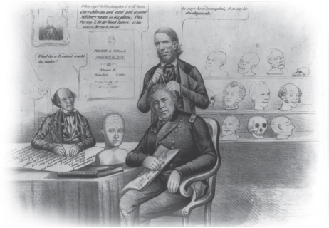   -How is Zachary Taylor, whose head is being examined by a phrenologist, portrayed as a candidate for the presidency in this cartoon, The Candidate of Many Parties? A)  as void of thought or intelligence B)  as enlightened and influenced by science C)  as mysterious and unknowable D)  as opinionated and reactionary