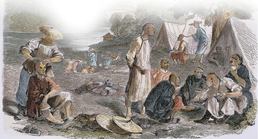  -This drawing of Chinese miners was most likely intended to emphasize that they were A)  threatening B)  exotic C)  similar to Indians D)  unlikely to settle permanently