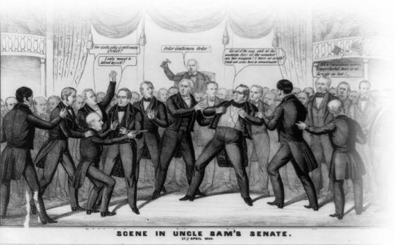   -What does the 1850 political cartoon Scene in Uncle Sam's Senate, which depicts Mississippi Senator Henry S. Foote pulling a pistol on Missouri Senator Thomas Hart Benton, imply about the debate over the Compromise of 1850 in the United States Senate? A)  Senators were still willing to compromise over the issue of slavery. B)  Animosity over slavery in the western territories grew at an alarming rate. C)  Conflicts between senators were based on North-South sectionalism. D)  Senators were unified in their opposition to the Compromise of 1850.