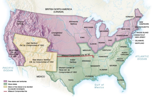   -Which of the following provisions from the Compromise of 1850 was a victory for members of the Free-Soil Party as shown on the map? A)  admitting California to the Union as a free state B)  allowing New Mexico and Utah territories to decide on slavery through popular sovereignty C)  settling the boundary between Texas and New Mexico D)  including a stronger Fugitive Slave Act