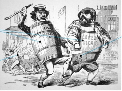  -What does the political cartoon Immigrants as a Threat to Democracy indicate about nativist views toward Irish and German immigrants in the 1850s? A)  Immigrants were productive members of society who were civically engaged. B)  Immigrants threatened the well-being of the republic through alcohol and rising political power. C)  The Catholic religion followed by many immigrants led to hostilities with nativists. D)  Immigrants often voted for proslavery issues that supported the South.