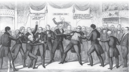     -These political cartoons depicting attacks on Senator Thomas Hart Benton of Missouri (top)  and Senator Charles Sumner of Massachusetts (bottom)  by Southern politicians indicate that events in Congress in the 1850s provide evidence of the . A)  fervent passions about slavery that made it difficult to find compromise B)  Southern tendency toward brutality C)  proclivity toward violence that made the Civil War inevitable D)  weakness of antislavery Northerners