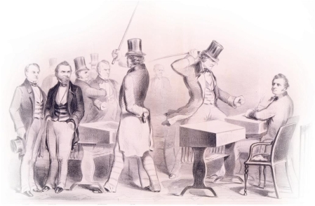     -These political cartoons depicting attacks on Senator Thomas Hart Benton of Missouri (top)  and Senator Charles Sumner of Massachusetts (bottom)  by Southern politicians indicate that events in Congress in the 1850s provide evidence of the . A)  fervent passions about slavery that made it difficult to find compromise B)  Southern tendency toward brutality C)  proclivity toward violence that made the Civil War inevitable D)  weakness of antislavery Northerners