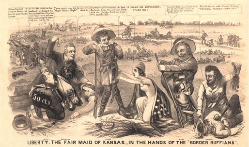   -How did many Northern abolitionists respond to the 1856 political cartoon Liberty, the Fair Maid of Kansas-in the Hands of the  Border Ruffians,  which depicts Democratic politicians Senator Lewis Cass, President Franklin Pierce, and Senator Stephen Douglas as the violators of liberty in that territory? A)  Many ignored the situation in Kansas. B)  Many of them sent money or guns to antislavery forces in Kansas. C)  Many of them called for settlers from Missouri to come vote illegally for an antislavery constitution in Kansas. D)  Many of them moved to Kansas to fight proslavery forces.