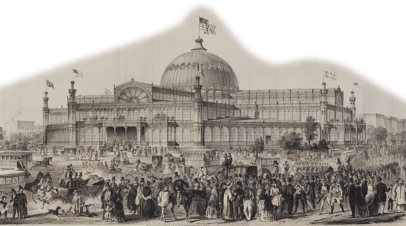   -What does the architecture and design of the 1853 Crystal Palace at New York City's  Exhibition of the Industry of the World  reveal about American progress? A)  The building reflected the ideals of Manifest Destiny. B)  The building was constructed with both free and slave labor. C)  The cast-iron and glass structure reflected the latest trends in architecture and construction. D)  The materials used to construct the building came from both the North and the South.