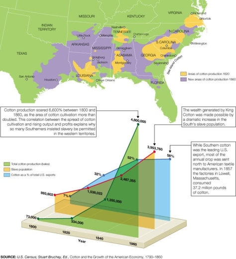   -What do the map and chart addressing the importance of cotton imply about the political relationship between the North and the South in the 1850s? A)  Southerners felt that if concerns over slavery led to secession, they were strong enough to flourish on their own. B)  The South believed that they had acquired enough new lands for cultivation in the Black Belt that western expansion was no longer necessary. C)  Northern industrialists thought that if the South seceded, they had access to foreign cotton markets that could easily replace Southern cotton. D)  Southern secession would have little to no impact on the American economy because of the North's advanced industrial system.