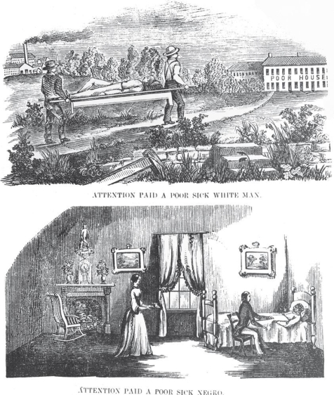   -This woodcut represents what proslavery view? A)  that illness rendered slaves and whites equal B)  that Northerners did not really care about the welfare of slaves C)  that slave labor was more humane than Northern wage labor D)  that slaves shared in Southerners' lives of luxury