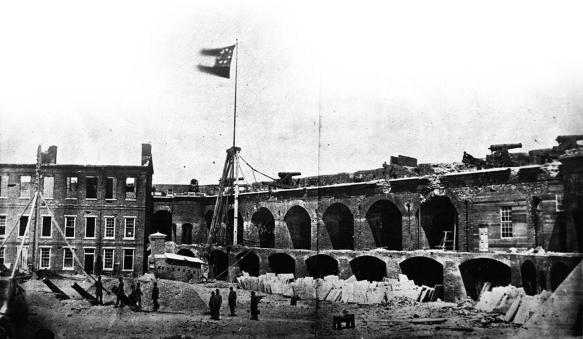   -What does this photograph, taken the morning after the Battle of Fort Sumter, indicate about the first armed conflict of the Civil War? A)  Both the Union and the Confederacy suffered huge losses in this first battle. B)  The raised Confederate flag showed that the South was victorious. C)  The Union held on to one of its last federal fortresses in the Confederacy. D)  The Confederacy submitted to federal authority.