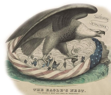     -Even though the Union poster  The Eagle's Nest  and the Confederate song sheet  Secession Quick Step  sent different messages to the public in order to boost morale at the beginning of the Civil War, they both . A)  used patriotic symbols and themes associated with the American Revolution B)  upheld the values found in the United States Constitution C)  emphasized the importance of states' rights over a strong central government D)  utilized quotes made by Andrew Jackson during his presidency