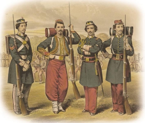   -What does this print of the Zouaves from the 11th New York Volunteer Infantry, which was made in the early stages of the Civil War, convey about soldiers' attitudes toward war at this point in time? A)  Soldiers were more interested in fighting for liberty than getting attention through style. B)  Most of the men who fought for the Union had a great deal of combat experience. C)  Soldiers viewed participation in war as idealistic and adventurous. D)  Soldiers like the Zouaves were expert marksmen.