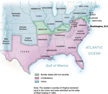   -Based on this map, why was it most important for Lincoln to keep the Border State of Maryland from seceding? A)  Maryland's secession would mean losing control of the Ohio River Valley. B)  The navy could not afford to extend the Union's ocean blockade to one more coastal state. C)  Losing Maryland would leave the Union capital surrounded by Confederate territory. D)  Without Maryland, the city of Philadelphia would have no access to a seaport.