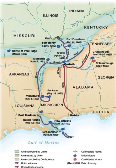   -As shown on this map, what was the major outcome of the series of Union victories in the western part of the Confederacy between 1862 and 1863? A)  They prevented a Confederate invasion of Missouri and Kentucky. B)  They cut the Confederacy in half and gained control of the Mississippi River. C)  They established a pro-Union government in Arkansas. D)  They captured key Confederate fortresses in the Ohio River Valley.