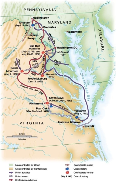 <strong> This map, which depicts McClellan's 1862 Peninsular Campaign in Virginia, shows that his unachieved goal during this campaign was to .</strong> A) capture the Confederate capital of Richmond B) keep Chesapeake Bay from falling into Confederate control C) defend the Union capital at Washington, D.C. D) cut off eastern Virginia from the rest of the Confederacy
