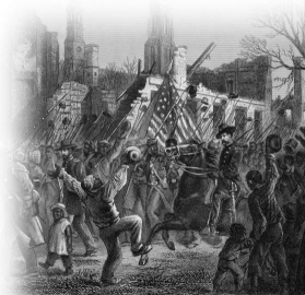 <strong> How do Theodore Kaufman's painting On to Liberty on the right and the drawing Entrance of the Fifty-Fifth Massachusetts (colored) Regiment into Charleston Feb 21, 1865 depict African Americans during the Civil War?</strong> A) They are shown to be excluded from the war effort. B) Both images portray them as joyous victors. C) Their willingness to go to battle is captured by both images. D) These images address them as being agents of their own liberty.
