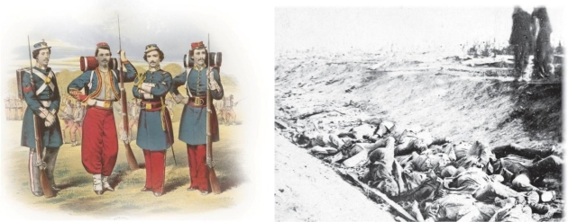   -How does the image of war as seen in Alexander Gardner's photograph of the aftermath of The Battle of Antietam compare with the image of the celebrated Zouaves of the 11th New York Volunteer Infantry? A)  The brutality seen in the photograph accords with the fierce masculinity of the Zouaves. B)  The devastation portrayed in the photograph shows how well prepared such soldiers as the Zouaves were. C)  The photograph appears to be anti-war propaganda when compared with the historical accuracy of the drawing. D)  The grim reality of the photograph exposes the foolish romanticism of the Zouaves.