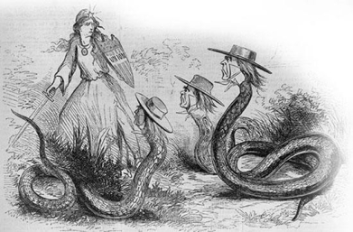 <strong> What are the Copperheads in this cartoon from Harper's Weekly preventing the goddess Liberty from accomplishing?</strong> A) freeing the slaves B) negotiating with Britain C) fighting the Confederacy D) arresting Union dissenters