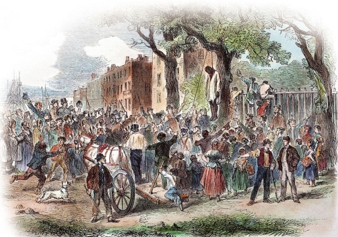  -Black lynchings such as the one illustrated in this image of New York City in 1863 were the result of white New Yorkers responding to the . A)  Emancipation Proclamation B)  new military draft that exempted the rich C)  Copperheads' demands for a cease-fire with the Confederacy D)  increased competition with blacks for wage-paying jobs