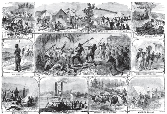   -What seems to be the main purpose of this illustration? A)  encouraging African Americans to move west B)  arguing that African Americans' greatest contributions were off the battlefield C)  portraying African-American soldiers as lacking courage D)  celebrating the contributions of African Americans to the war effort