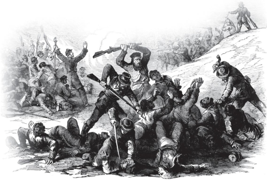   -How did those who published this illustration of the Fort Pillow massacre most likely hope the public would react? A)  with outrage toward the Confederate soldiers B)  with disgust with the African-American soldiers C)  with righteousness in favor of the Confederate cause D)  with hope for a cease fire