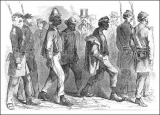   -What does this image of freedmen being forcibly returned to their plantations if they ran away or resisted working there reveal about the Louisiana test case of emancipation? A)  Freedmen received no wages for their work on Louisiana plantations. B)  Former slaves gained some autonomy through this test case of emancipation. C)  This system of emancipation was much harsher than the Sea Islands and Davis Bend systems. D)  Ex-slaves still favored this test case because it banned corporal punishment for doing labor.