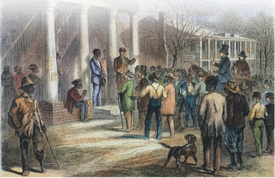   -The drawing The Black Codes in Action depicts the practice of . A)  allowing freedmen to rent land only in rural areas B)  terrorizing and lynching African American men by white supremacists C)  reestablishing the gang labor system through mass convictions of vagrancy D)  auctioning off the service of black men who were convicted of vagrancy