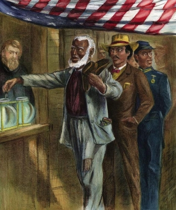 <strong> This 1867 magazine cover from Harper's Weekly, which shows blacks voting for the first time, uses a well-dressed man wearing a hat in the middle of this image to represent a(n)</strong> A) sharecropper B) educated Republican leader C) Union soldier D) scalawag