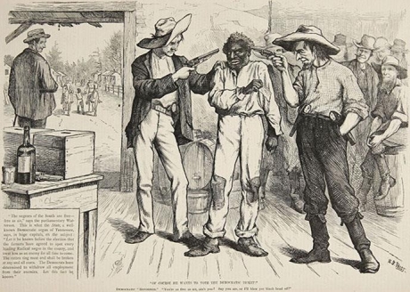   -The 1876 image Of Course He Wants to Vote the Democratic Ticket shows that the ruthless character of the white supremacy movement, which was typical of the Mississippi Plan used to intimidate black voters, was the result of the . A)  expiration of the Freedmen's Bureau B)  lack of concern from Republican governors in Southern states C)  Fifteenth Amendment D)  reduction of federal troops in the South