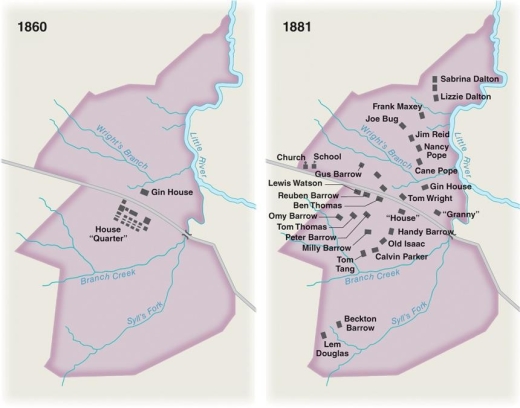 <strong> What do the maps of the Barrow Plantation suggest about the settlement patterns of African American tenant farmers over a 20-year period?</strong> A) Their housing was no longer confined to narrow areas of a plantation. B) Institutions such as churches and schools played a marginal role in their communities. C) They lived with whites in more integrated communities after the war. D) They took over plantations and encouraged other African Americans to settle alongside them.