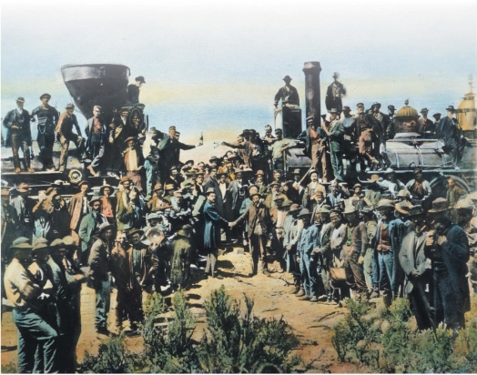 <strong> This 1869 iconic photograph that shows the completion of the transcontinental railroad in Promontory Point, Utah, is notable for its exclusion of the .</strong> A) women who ran the camps where laborers resided B) Chinese laborers who helped build it C) gold-rush millionaires who paid for it D) Union Pacific and Central Pacific officials