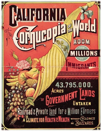 <strong> What made the content of the 1883 railroad promotional poster California, Cornucopia of the World ironic?</strong> A) The poster advertised a healthy climate, yet California experienced severe epidemics during this time. B) The poster welcomed immigrants, yet California successfully lobbied Congress to bar Chinese immigration. C) The land promoted in this poster had been illegally acquired by the railroad from the federal government. D) The weather in California was actually more conducive to cyclones and blizzards than it was in the Great Plains.