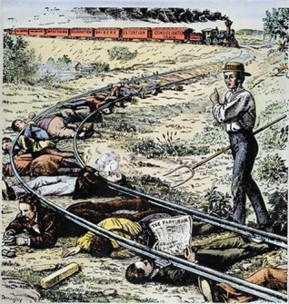 <strong> How did Granger Laws address the railroad corruption depicted in this 1873 cartoon?</strong> A) They allowed railroads the power to offer preferred customers special rates. B) They ruled that state legislatures could regulate interstate railroad commerce. C) They set maximum rates for transporting or storing grain by railroads. D) They forced railroads to turn over lands adjacent to tracks to homesteaders.