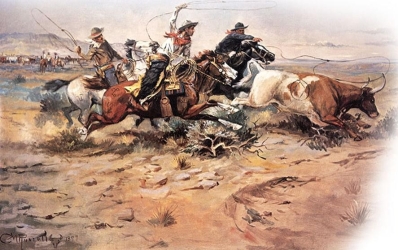 <strong> How does the top photograph of Texas cowboys in the 1880s refute the image of cowboy life that Charles Russell portrayed in his 1897 painting The Herd Quitters?</strong> A) Cowboy work was unexciting and filled with drudgery. B) Cowboys came from many racial and ethnic backgrounds. C) Cowboys herded cattle in various geographical environments, not just the open plains. D) Cowboy attire was often more flamboyant than what Russell's painting depicts.