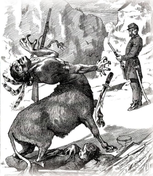   -How did this cartoon, which was published in the New York Graphic shortly after Custer's defeat at the Battle of Little Big Horn in 1876, depict American Indians like Sitting Bull? A)  as close allies of the federal military B)  as wretched figures dispossessed of their lands C)  as noble warriors who stood up to Custer's cavalry D)  as subhuman savages to be disposed of