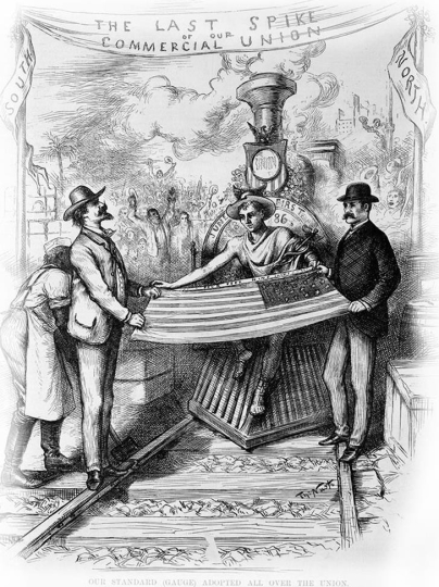   -How does this image depict the economic benefits brought to the nation by the railroad's standard gauge system? A)  It helped the South gain readmission to the Union during Reconstruction. B)  It led to the creation of four standardized time zones. C)  It was responsible for the completion of a transcontinental railroad that spanned the nation. D)  It brought greater unity between the less-developed South and the rapidly industrializing North.