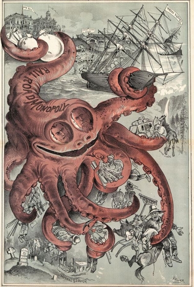   -Why did the artist choose to portray the Southern Pacific Railroad's monopoly as an octopus? A)  Its wealthy owners were  captains of industry  who supported the public. B)  It had to be depicted as a multi-armed creature because it helped so many industries. C)  It strangled its rivals in competing industries. D)  It single-handedly destroyed the American maritime industry.