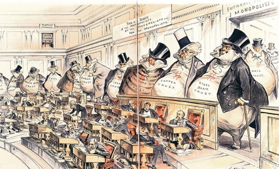   -Why does the 1889 cartoon The Bosses of the Senate from Puck magazine imply that the Sherman Anti-Trust Act of 1890 would be a failure? A)  Congress was indifferent to the needs of both business and unions. B)  Congress was in league with big business. C)  Congress would take action when the president would not. D)  Congress worked diligently to protect the people.