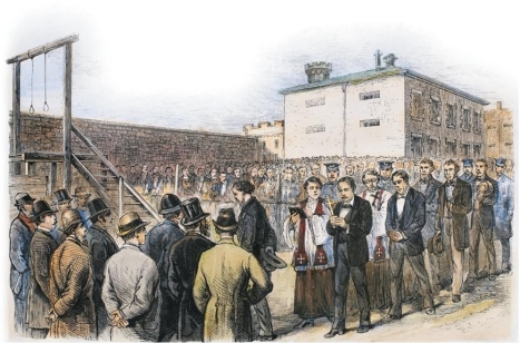   -The 1877 execution of ten alleged Molly Maguires in Pennsylvania was staged as a carefully planned public spectacle and included a priest in order to emphasize the men's . A)  dignity and Irish Catholicism B)  innocence and immigrant backgrounds C)  violence and lawlessness D)  guilt and sinfulness