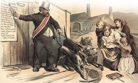   -This 1880s image from Puck magazine portrays labor union officials, such as the man with the top hat, as . A)  dedicated educators who kept their workers regularly informed of their rights B)  wealthy businessmen who financially supported their workers while they were on strike C)  tyrants who hurt the interests of workers D)  benevolent leaders who protected their workers