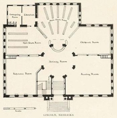     -How do this Carnegie library in Lincoln, Nebraska, and its floor plans imitate Andrew Carnegie's values and beliefs? A)  The well-organized interior stressed the order and efficiency found in Carnegie's factories. B)  The exterior neoclassical design chosen by the public reflected Carnegie's desire to listen to his workers. C)  The librarian's desk in the corner symbolized the distance between workers and supervisor. D)  The plain external design served as a connection to Carnegie's humble beginnings.