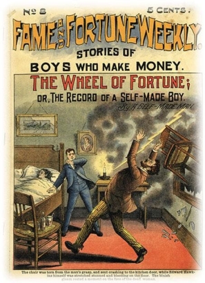   -Books and magazines such as the one shown above focused on economic success stories about the self-made man, which had their origins with . A)  Herbert Spencer B)  Terence Powderly C)  Horatio Alger D)  Andrew Carnegie