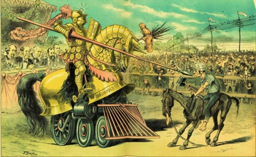   -According to the cartoon The Tournament of Today-A Set-to Between Labor and Monopoly from Puck magazine, the only chance of success that a lowly worker had against large corporations was the use of , as symbolized by the mallet he is holding. A)  strikes B)  boycotts C)  riots D)  government regulations
