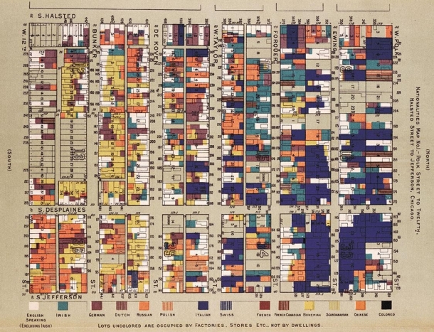   -This map of the neighborhood around Chicago's Hull House reflects that . A)  Hull House was in a predominately white American neighborhood B)  this neighborhood was an ethnic enclave with a wide diversity of immigrants C)  African Americans from the South were migrating to Chicago in large numbers D)  the structures in this neighborhood were exclusively factories or stores