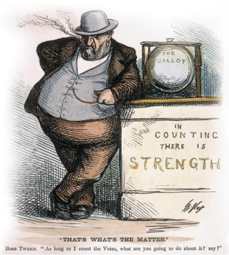   -Why was the ballot box next to Boss William Tweed of Tammany Hall depicted as a glass ball? A)  Political machines intimidated voters by letting them know they were watching to see who they supported. B)  Political machines wanted to assure the public that the political and humanitarian work they did was transparent so that everyone knew what was going on. C)  Political machines wanted to make the public aware that civic participation was more important than political corruption. D)  Political machines wanted to let the press know that they ran fair elections.