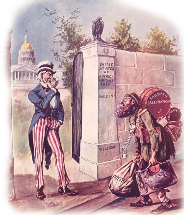   -How was this 1899 image reflective of the nativist attitudes that many Americans had at this time? A)  The gateway contains welcoming messages for immigrants. B)  Uncle Sam is greeting the immigrant with scorn and disdain. C)  The immigrant carries habits and ideas that were valued by Americans. D)  The immigrant represents the foreigners willing to assimilate into American society.
