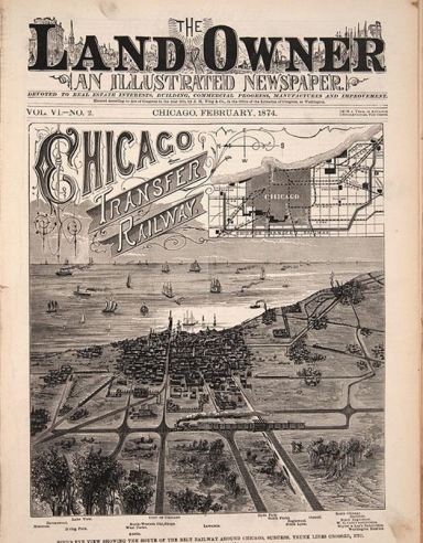 <strong> According to this 1874 cover of a Chicago real estate publication, what made the growth of suburbs near this metropolis possible?</strong> A) established tracks for trains and trolleys B) access to the city from Lake Michigan C) a subway system D) paved roads leading out of the city