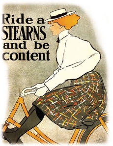     -When combined together, what message do the 1886 photograph of the husband and wife cycling and the 1896 Stearns Bicycle Company advertisement poster imply about the status of middle-class American women during this ten-year period? A)  Even in leisure activities, American women still played subservient roles to their husbands. B)  Leisure activities like bicycling still required women to dress conservatively. C)  The bicycling enthusiasm of the 1890s led to growing independence for young women. D)  Bicycling was considered to be an unladylike activity.