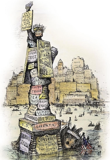 <strong> As illustrated in the 1889 cartoon The Rising of the Usurpers and the Sinking of the Liberties of the People, why did Thomas Nast believe that trusts were a threat to democracy and equality?</strong> A) Pro-business legislators did little to slow the growth of big business. B) Labor unions were weakened because strikes were seen as restraints of trade. C) Corporate powers demanded long hours and dangerous work from industrial workers. D) Wealthy executives used trusts to monopolize the necessities of life.