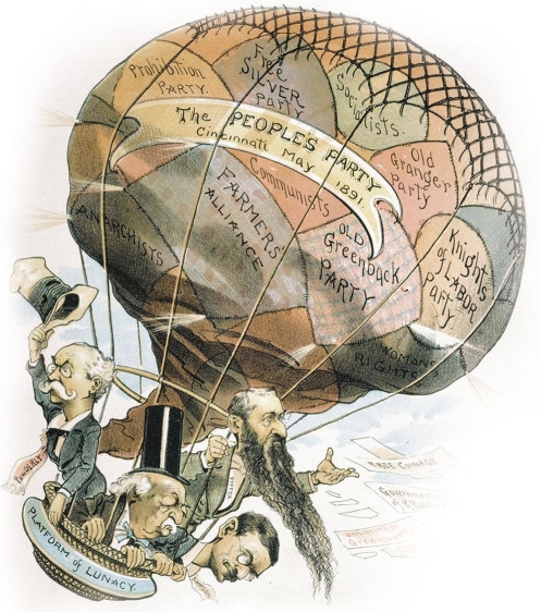   -The cartoon  A Party of Patches  that appeared in the pro-Republican magazine Judge in 1891 was intended to . A)  support the Populist platform that called for an eight-hour day and free coinage of silver B)  recognize important labor leaders of the People's Party like Terrence Powderly C)  discredit the People's Party as a combination of strange and ideological movements D)  commemorate the first Populist Party convention in Cincinnati