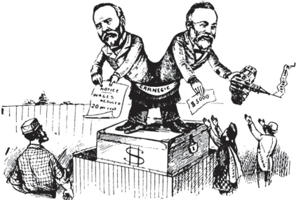 <strong> This cartoon published in the Utica, New York, Globe the week after the Homestead strike broke out at Andrew Carnegie's steel mills in the summer of 1892 depicted Carnegie as a(n)</strong> A) hypocrite who cut his workers' wages in order to fund philanthropic projects B) entrepreneur who was willing to negotiate with union leaders for better workers' rights C) follower of The Gospel of Wealth who stated the rich should do good deeds with their money D) proponent of new technology that included labor-saving machinery