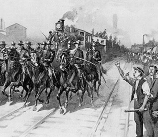 <strong> Who are the group of people on the right of this image and what type of emotion do they seem to be expressing as federal troops sent by President Cleveland escort the first meat train out of the Chicago stockyards at the end of the Pullman strike?</strong> A) They are passengers who are angry that their train has been delayed due to the strike. B) They are meat-packing and railroad entrepreneurs showing their gratitude to the troops. C) They are strikers demonstrating blame and hostility toward the troops for breaking the strike. D) They are strikebreakers thanking the troops and railroad executives for their new jobs.
